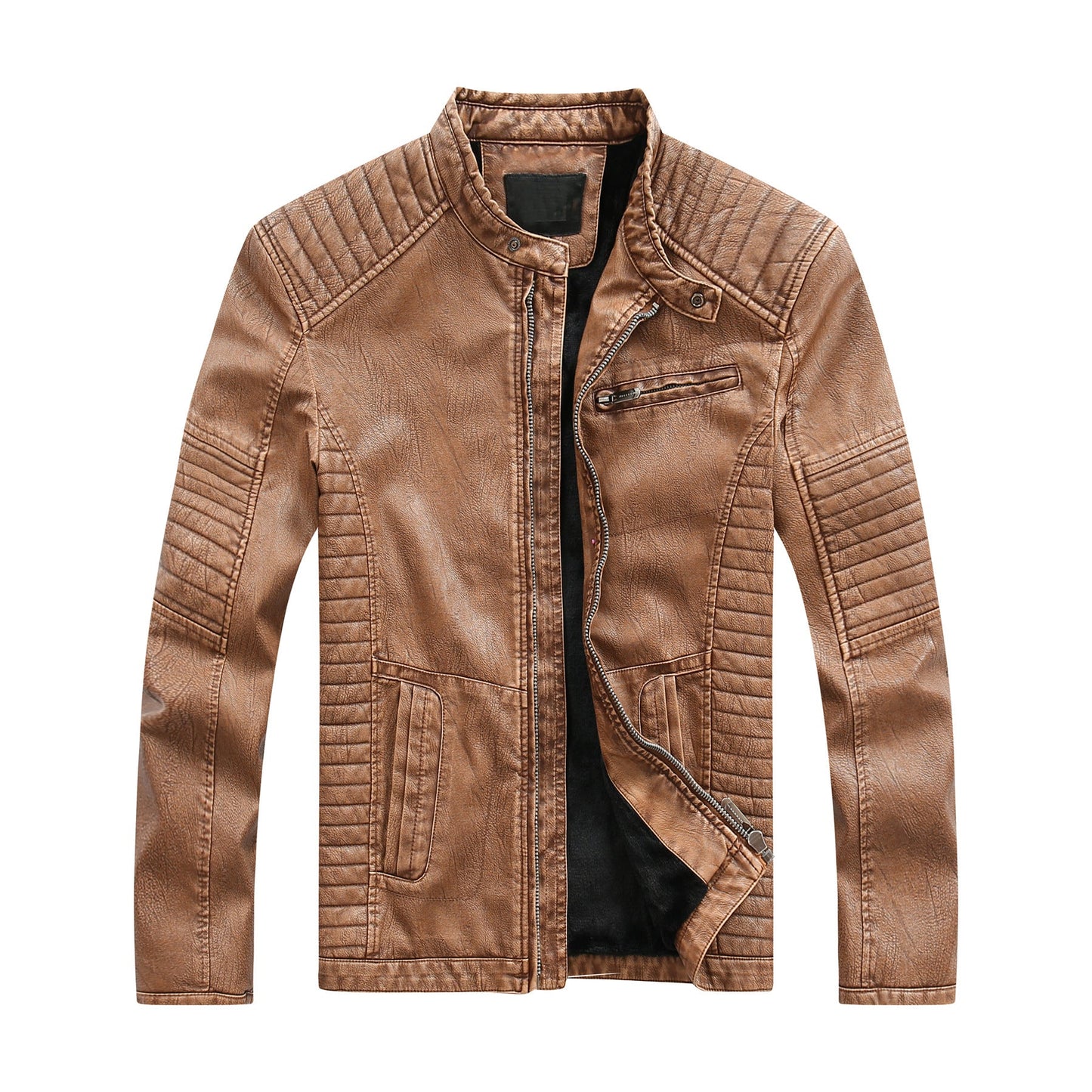 Herren Lederjacke Bikerstil Kunstleder Steppnaht Schwarz