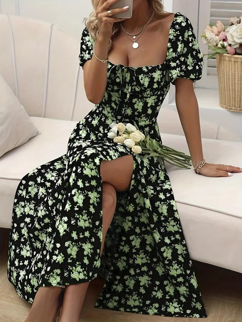 Schickes A-Linien-Kleid mit Puffärmeln Blumendruck Damenkleid
