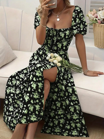 Schickes A-Linien-Kleid mit Puffärmeln Blumendruck Damenkleid