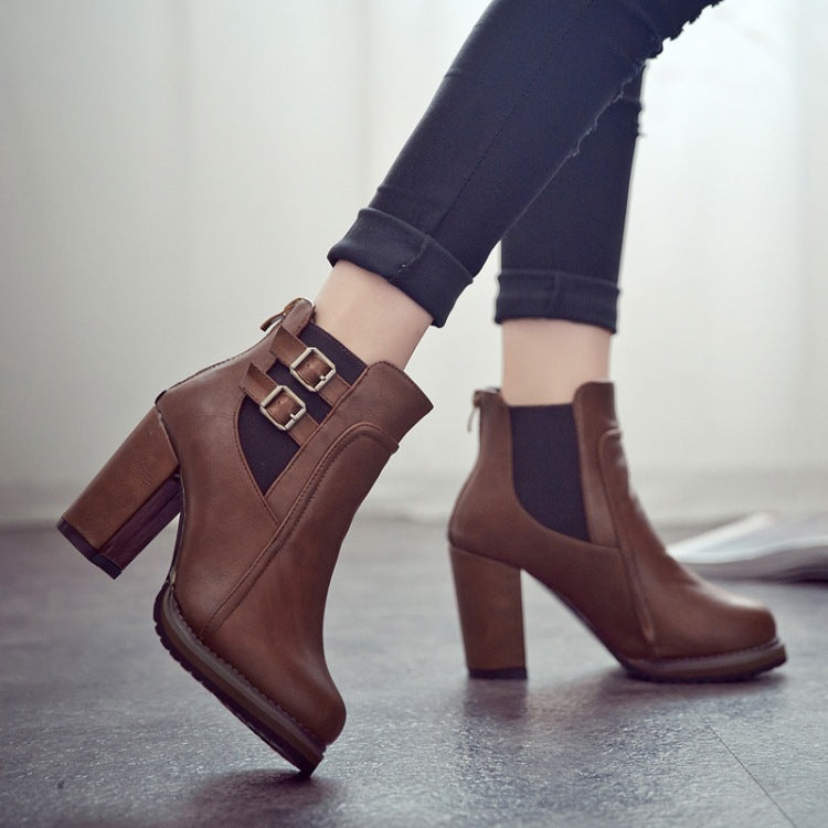 Damen Stiefel Ankle Boots Robust Schnalle Blockabsatz