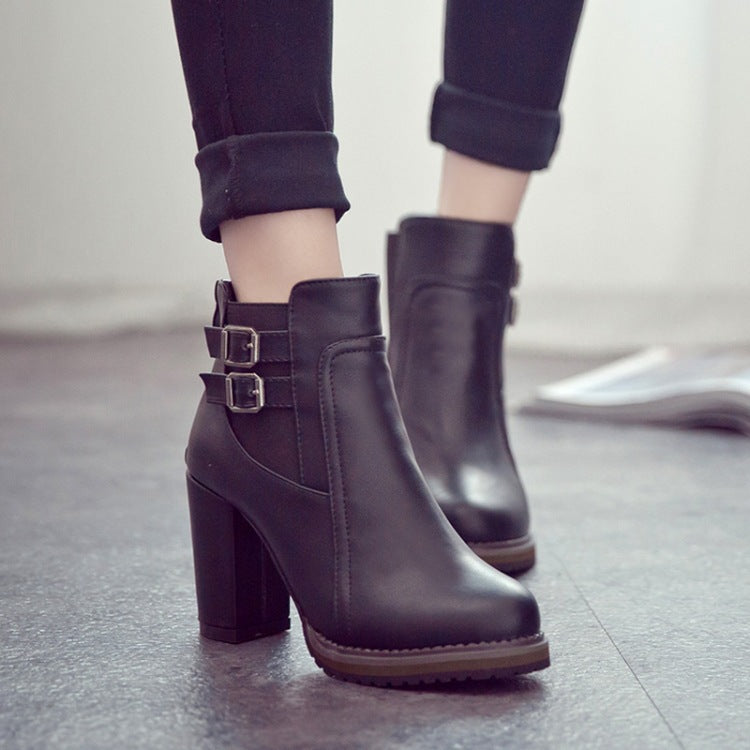 Damen Stiefel Ankle Boots Robust Schnalle Blockabsatz