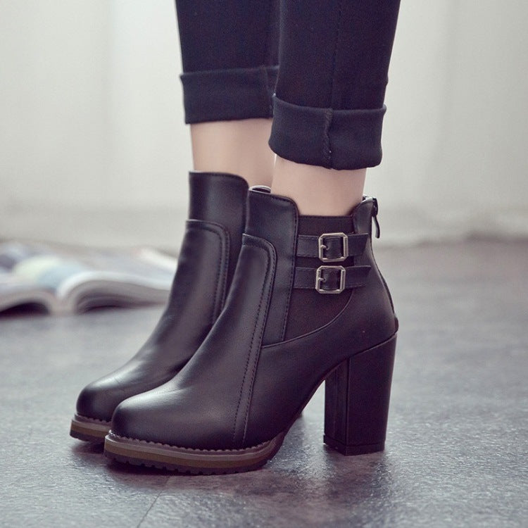 Damen Stiefel Ankle Boots Robust Schnalle Blockabsatz