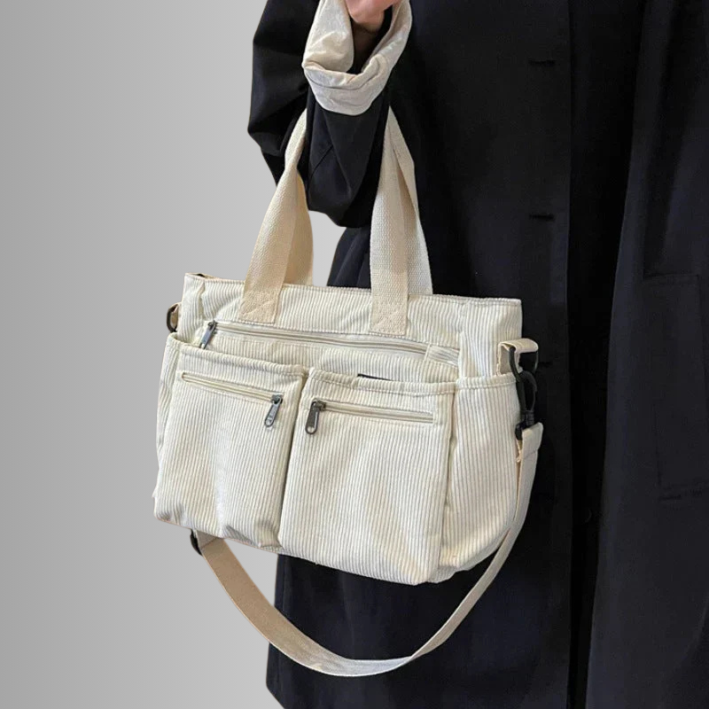 Weiße Cord-Schultertasche mit Fächern vorne
