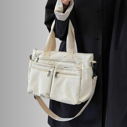 Weiße Cord-Schultertasche mit Fächern vorne