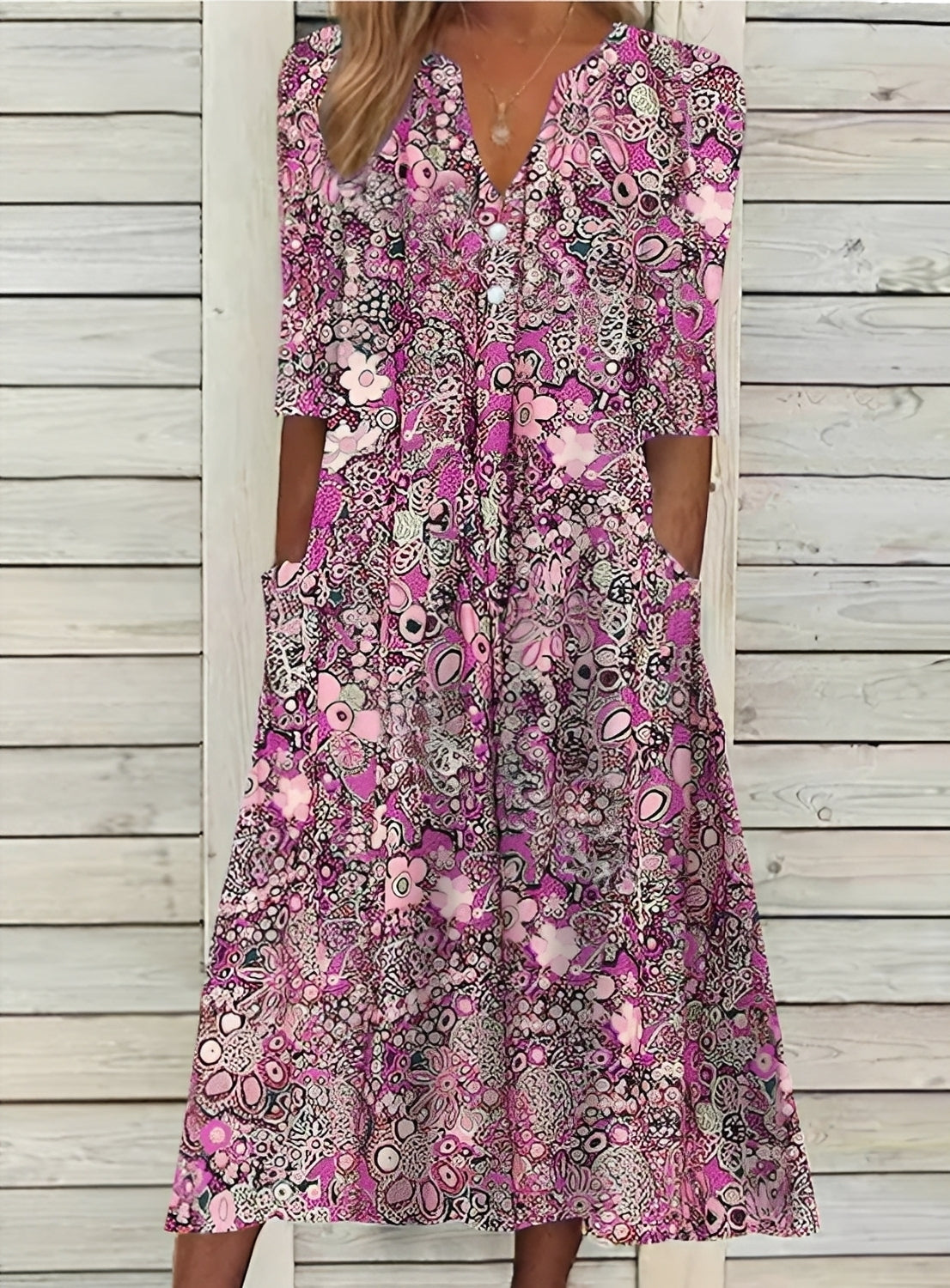 Sommerkleid Blumenmuster Lockeres Damenkleid mit Taschen