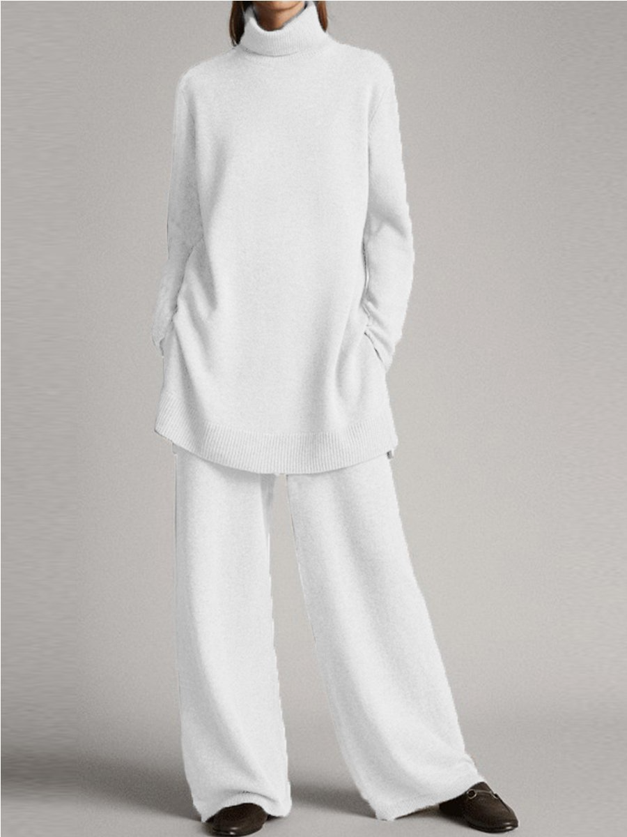 Damen Pullover und Hose Set Rollkragen Weitbein Warm