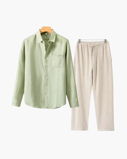 Herren Leinenanzug Sommer Zweiteiler Langarm Hose Hemd Set