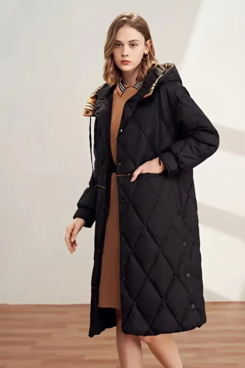 Langer Damenmantel mit Kapuze Diamant Muster Warm