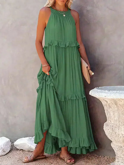 Sommer Maxikleid mit Volants Neckholder Damenkleid