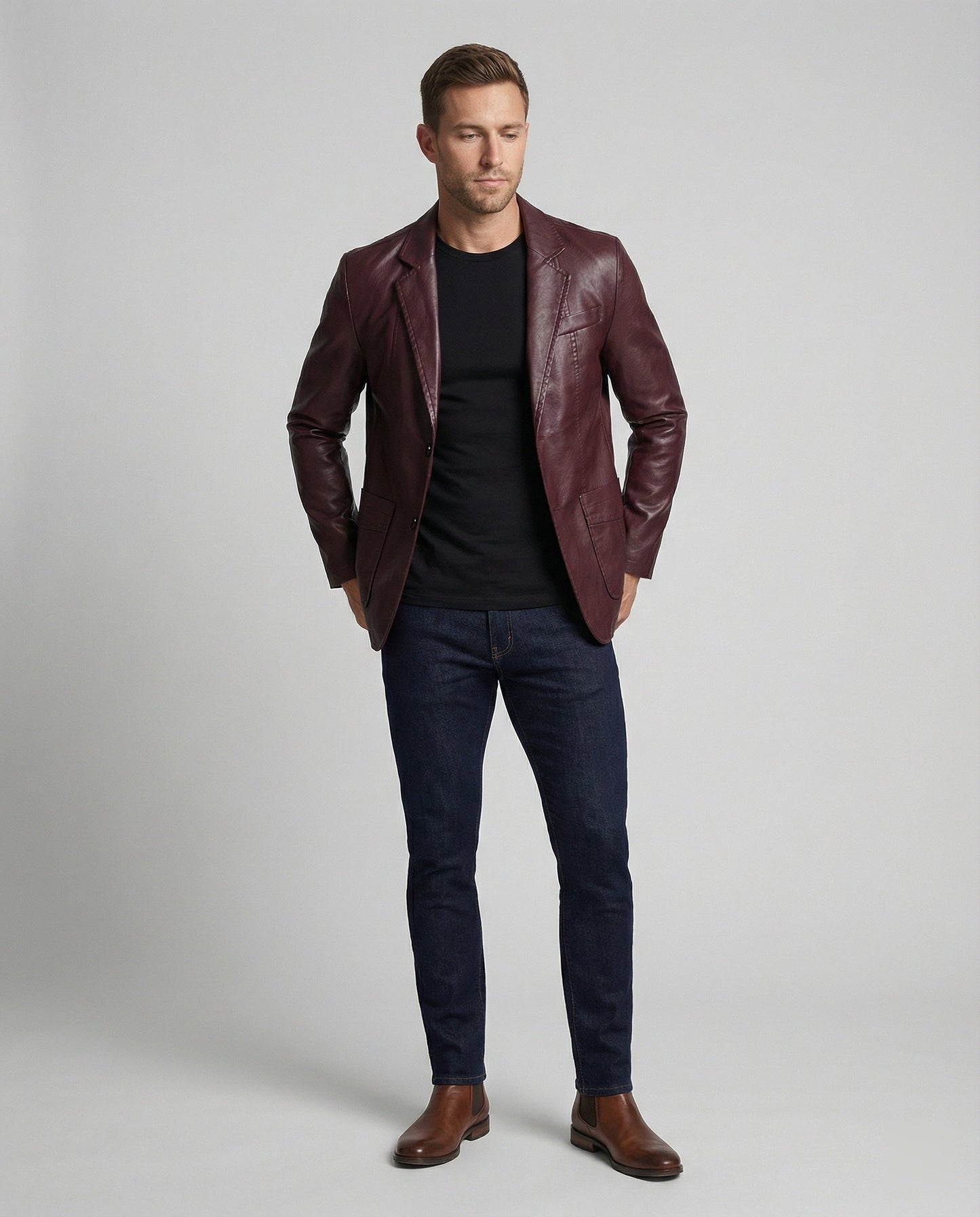 Herren Lederblazer Schwarz Elegant Slimfit