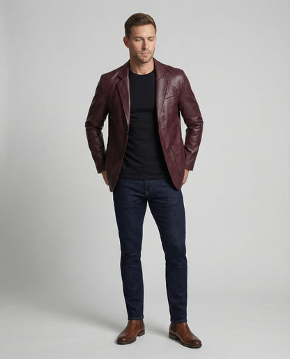 Herren Lederblazer Schwarz Elegant Slimfit
