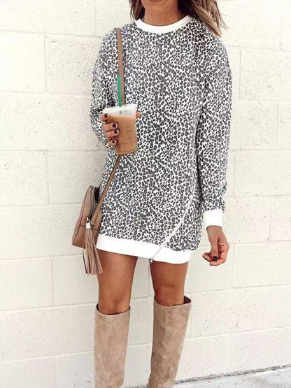 Damen Sweatkleid Lässig Leopardenmuster Weite Passform