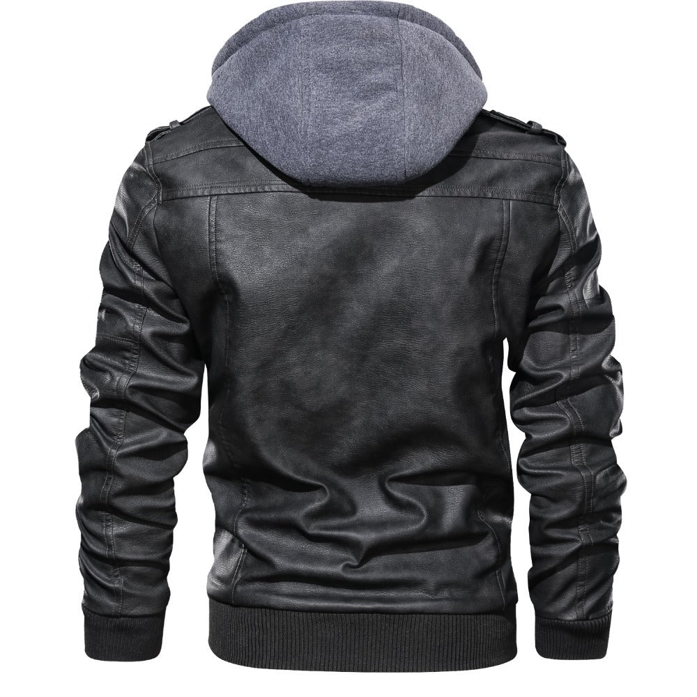 Lederjacke Herren Lässig Abnehmbare Kapuze Schwarz