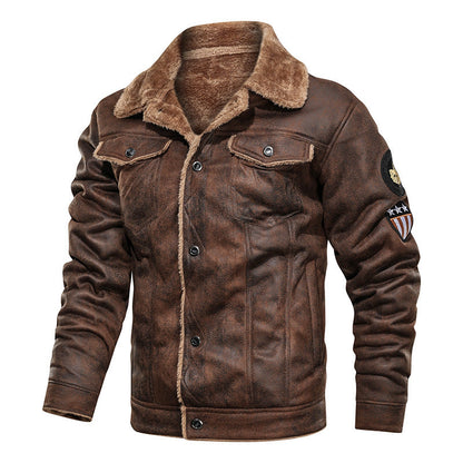 Lederjacke Herren Vintage Warm gefüttert Schwarz