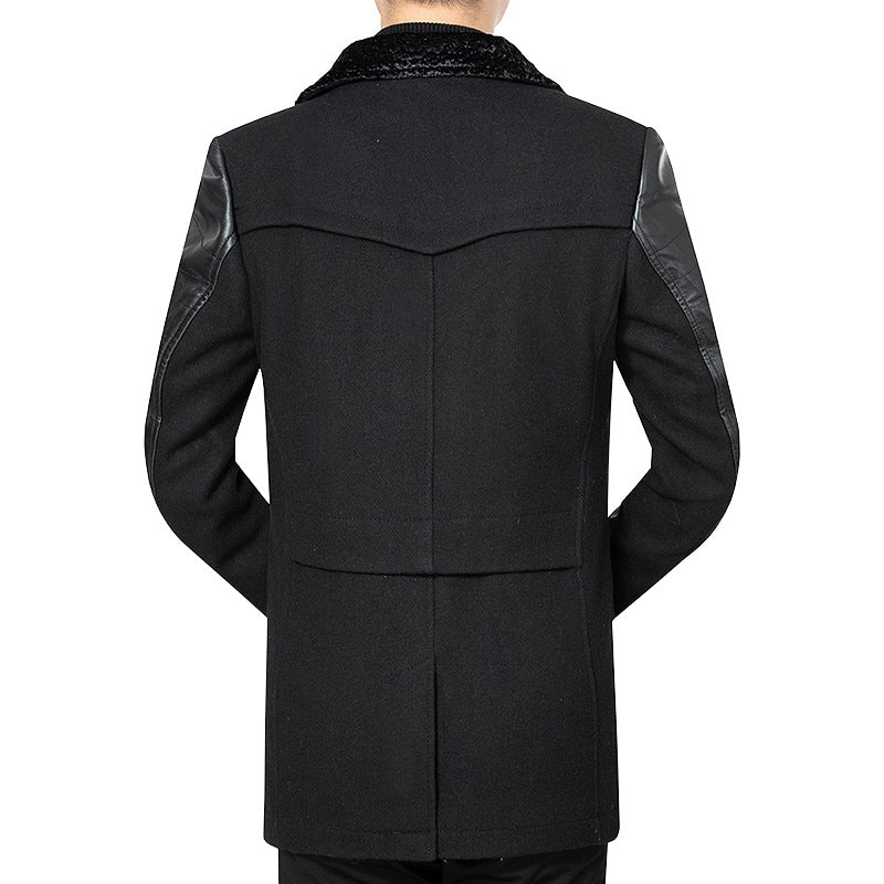 Herren Mantel Lederärmel Gepolstert Elegent Schwarz