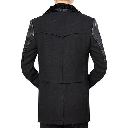 Herren Mantel Lederärmel Gepolstert Elegent Schwarz