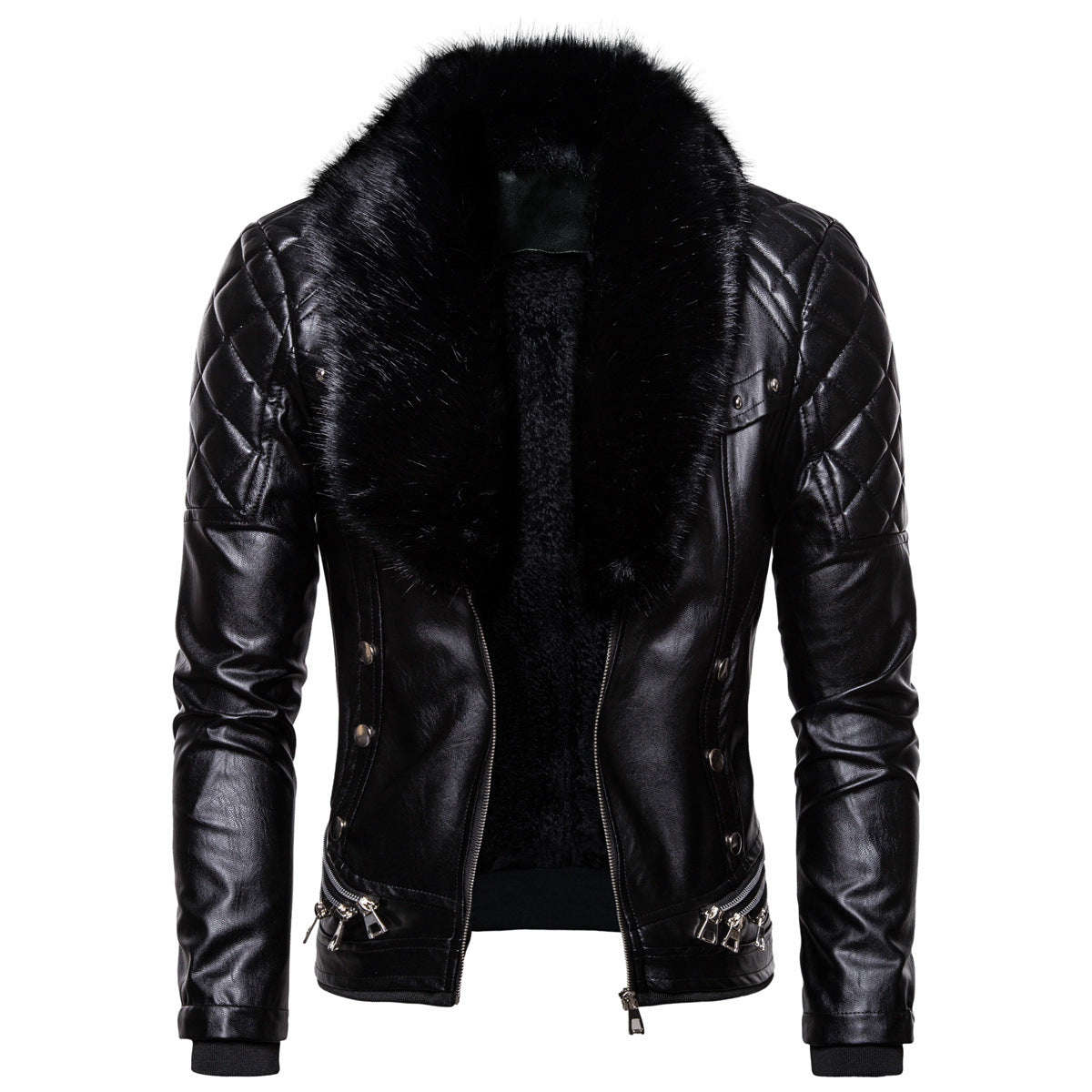 Herren Lederjacke Luxus Fellkragen Echtes Leder Schwarz