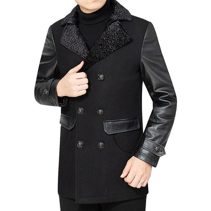 Herren Mantel Lederärmel Gepolstert Elegent Schwarz