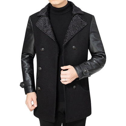 Herren Mantel Lederärmel Gepolstert Elegent Schwarz