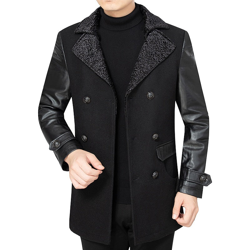 Herren Mantel Lederärmel Gepolstert Elegent Schwarz - BerlinGlamour