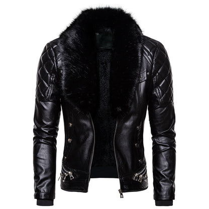 Herren Lederjacke Luxus Fellkragen Echtes Leder Schwarz