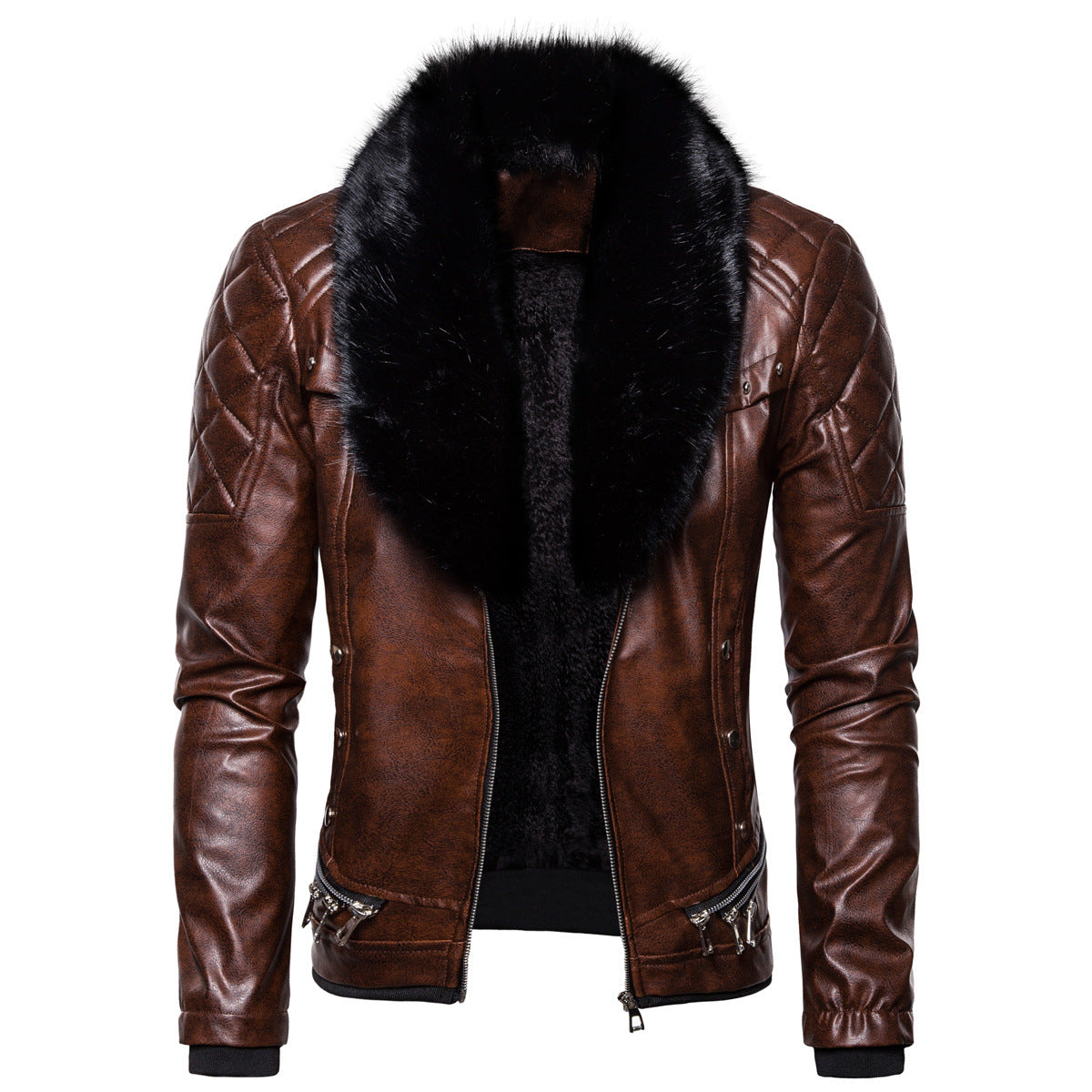 Herren Lederjacke Luxus Fellkragen Echtes Leder Schwarz
