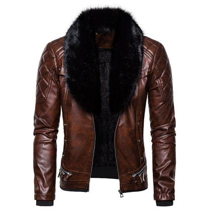 Herren Lederjacke Luxus Fellkragen Echtes Leder Schwarz