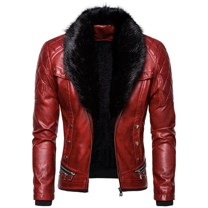 Herren Lederjacke Luxus Fellkragen Echtes Leder Schwarz