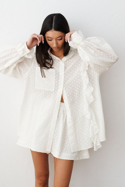 Weißes Durchsichtiges Baumwoll-Shirt-Shorts-Set Sommer