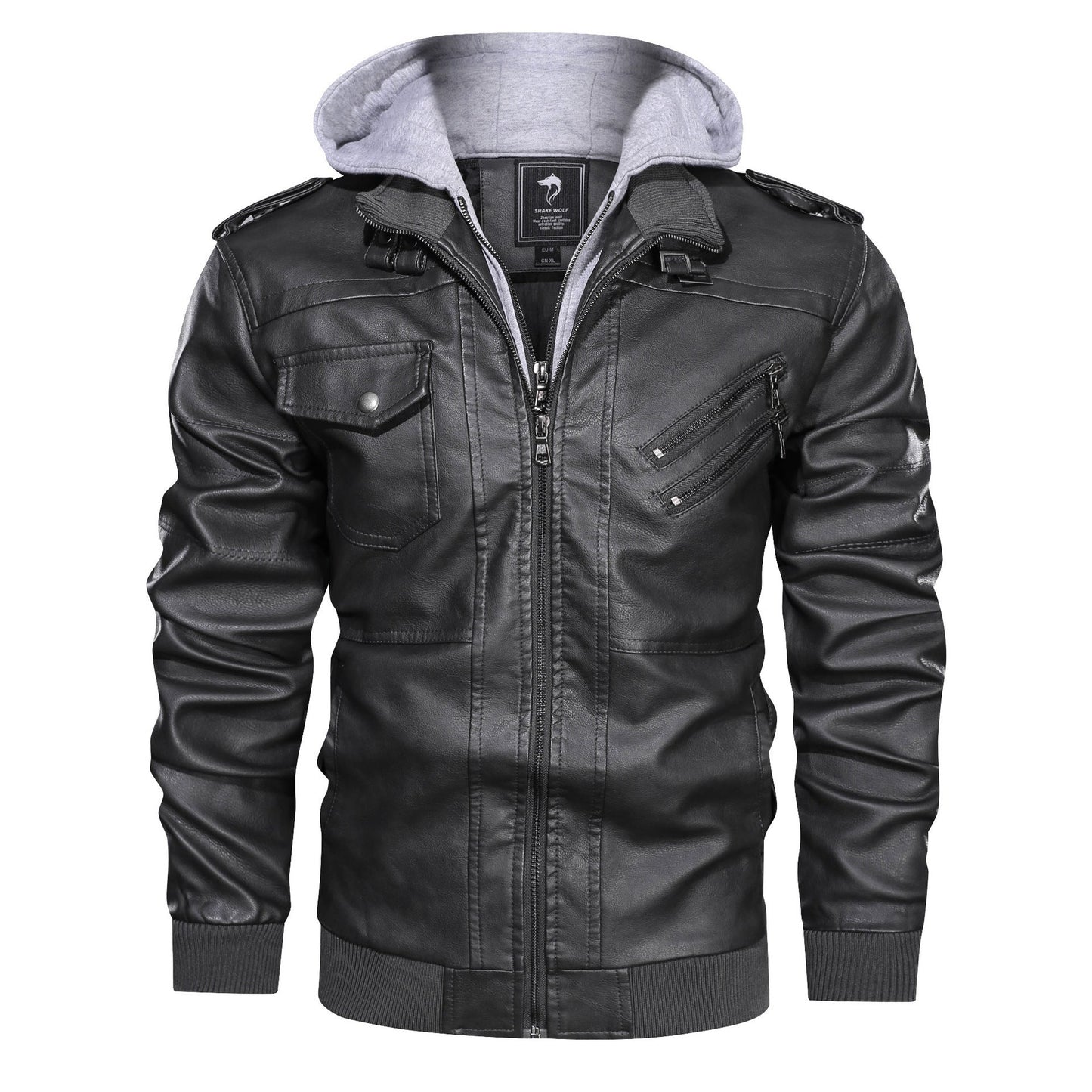 Herren Lederjacke mit Kapuze und Reißverschlusstaschen Modern Schwarz