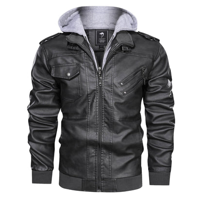 Herren Lederjacke mit Kapuze und Reißverschlusstaschen Modern Schwarz