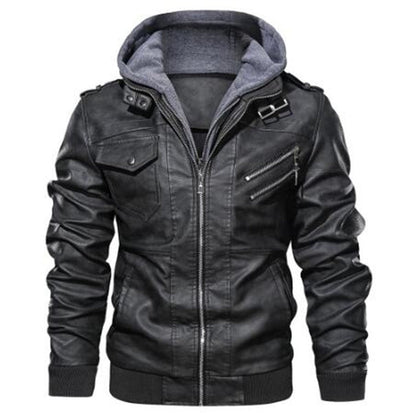 Herren Lederjacke mit Kapuze und Reißverschlusstaschen Modern Schwarz
