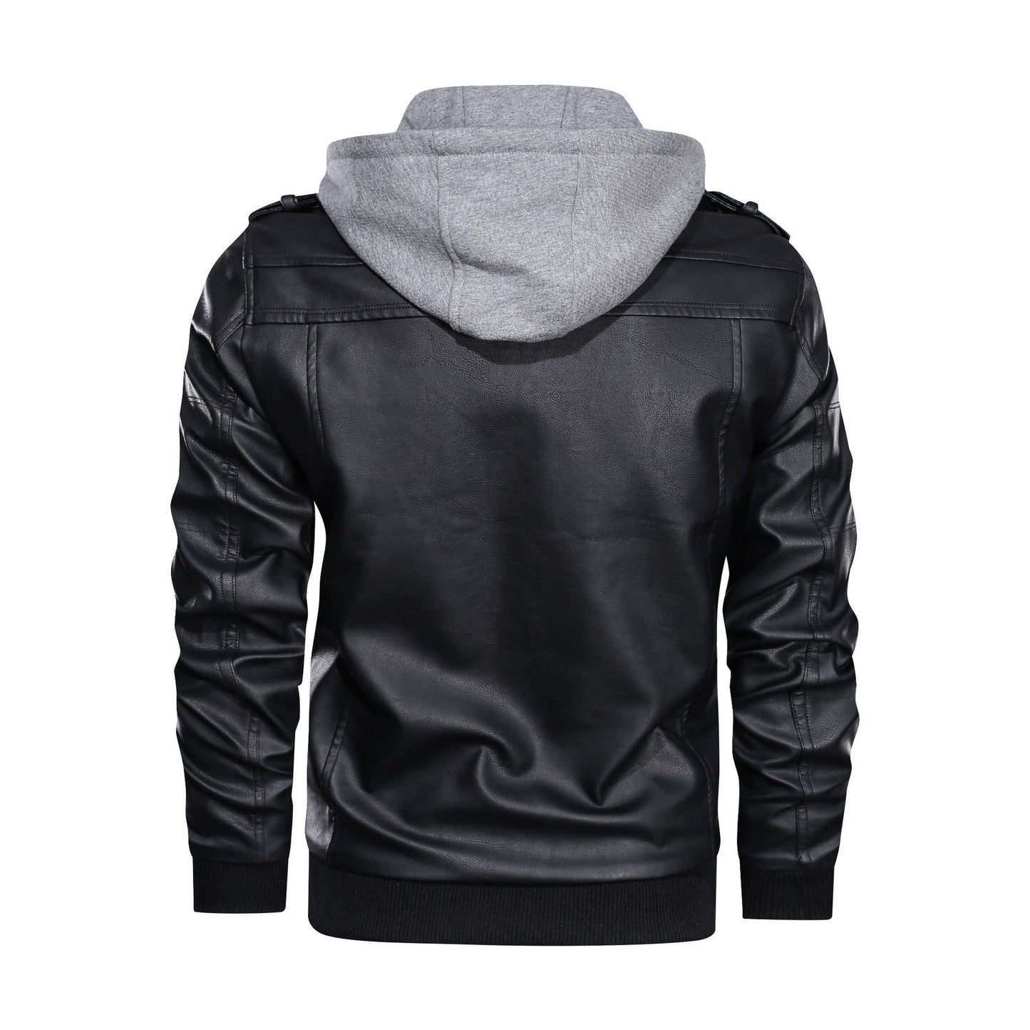Herren Lederjacke Mit Kapuze Reißverschluss Taschen Schwarzes Leder