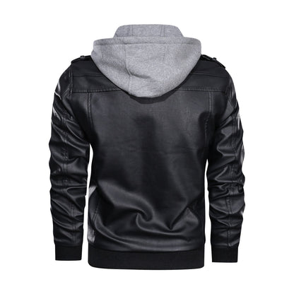 Herren Lederjacke Mit Kapuze Reißverschluss Taschen Schwarzes Leder