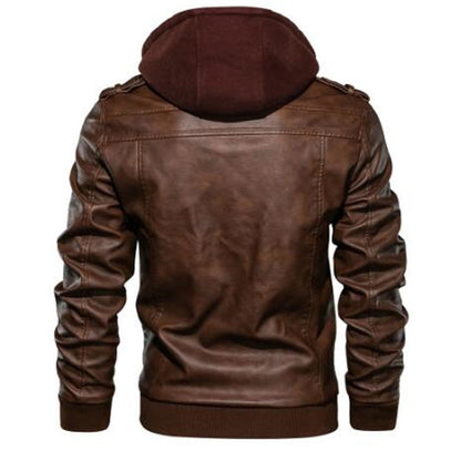 Herren Lederjacke mit Kapuze und Reißverschlusstaschen Modern Schwarz