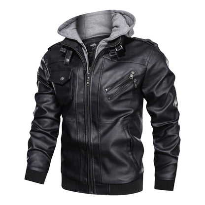 Herren Lederjacke Mit Kapuze Reißverschluss Taschen Schwarzes Leder