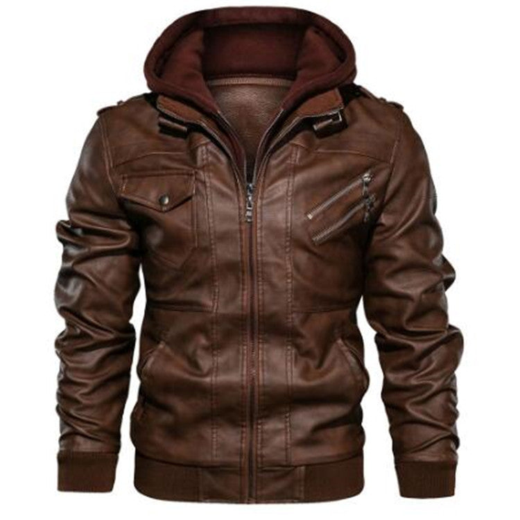 Herren Lederjacke mit Kapuze und Reißverschlusstaschen Modern Schwarz