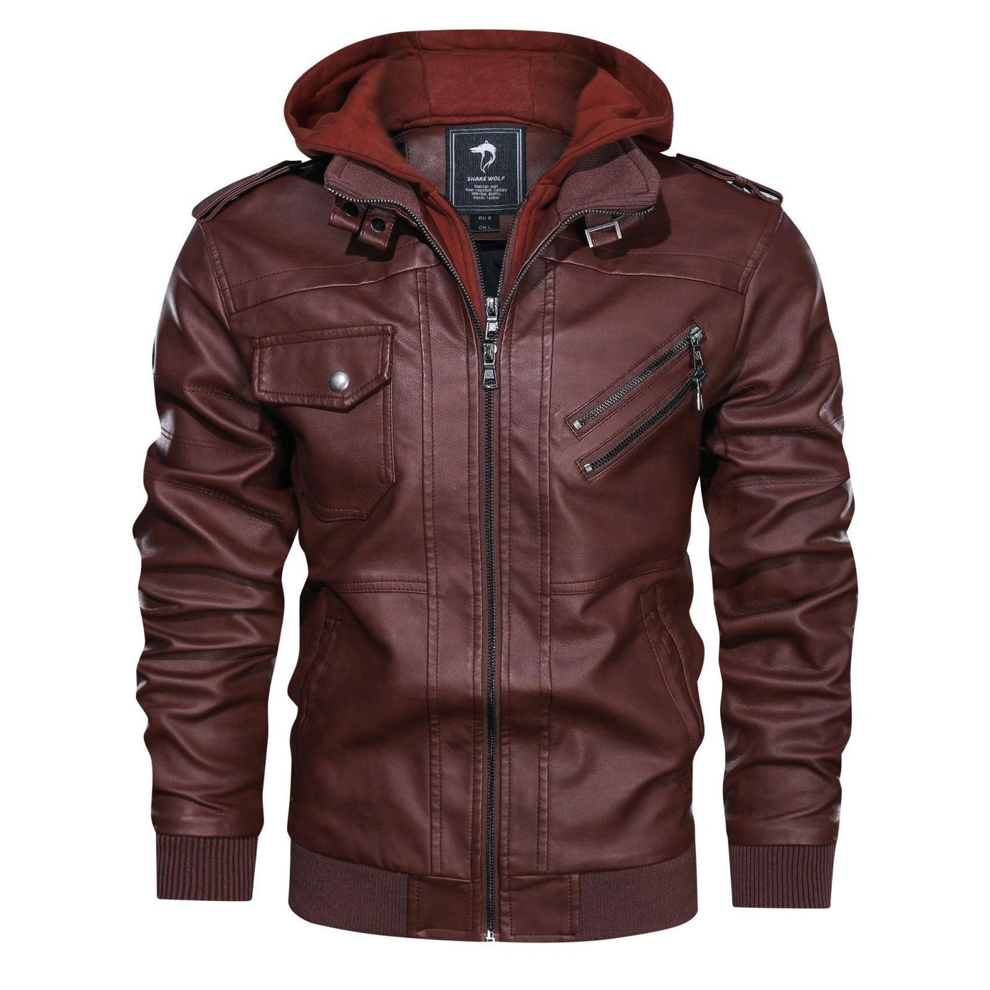Herren Lederjacke Mit Kapuze Reißverschluss Taschen Schwarzes Leder