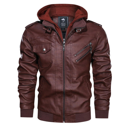 Herren Lederjacke Mit Kapuze Reißverschluss Taschen Schwarzes Leder