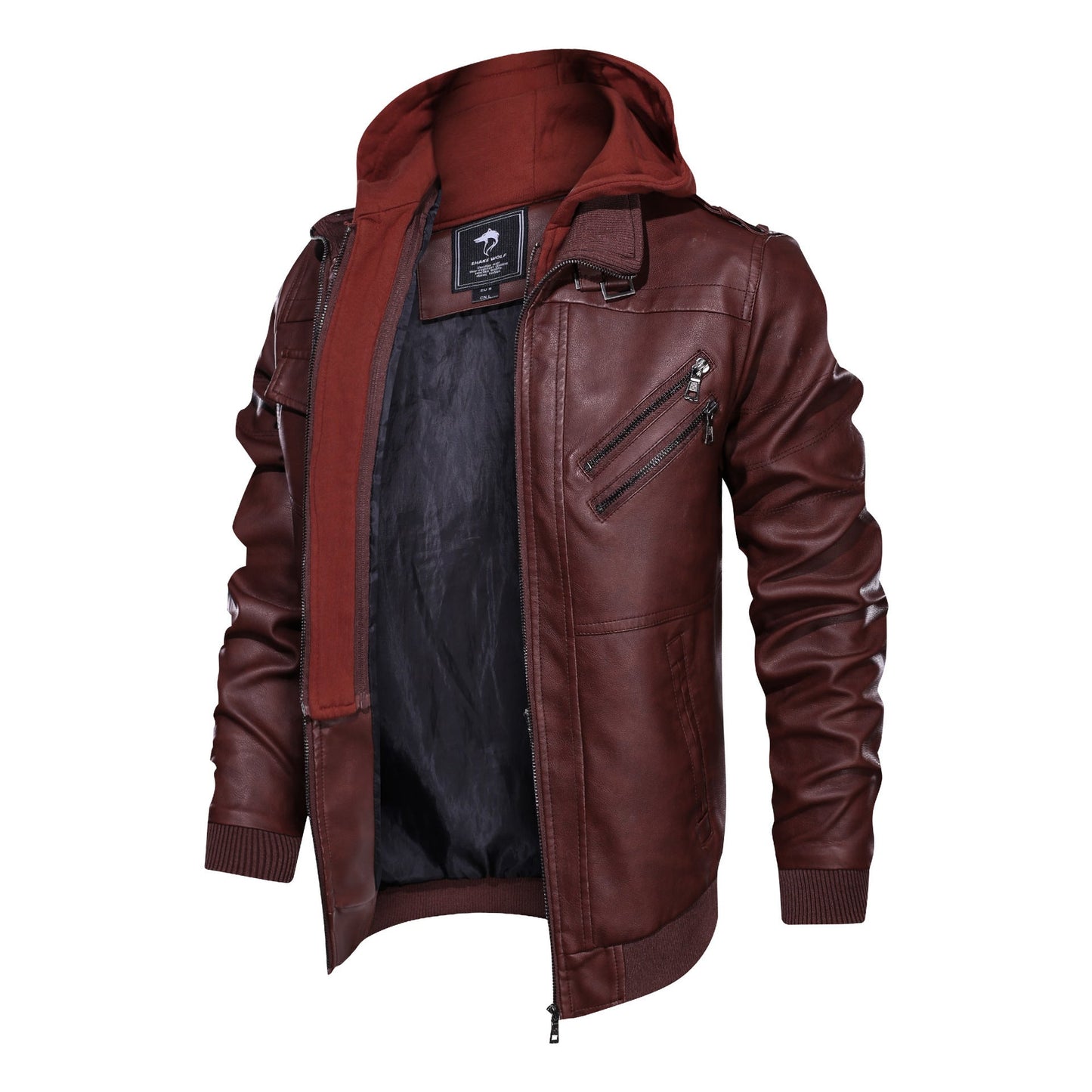 Herren Lederjacke Mit Kapuze Reißverschluss Taschen Schwarzes Leder - BerlinGlamour