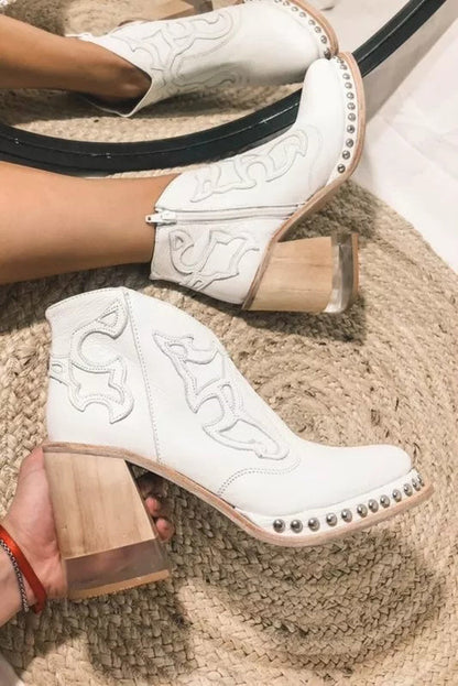 Nude Stiefeletten Damen Western Blockabsatz mit Nieten