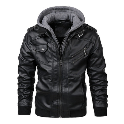 Herren Lederjacke mit Kapuze und Reißverschlusstaschen Modern Schwarz