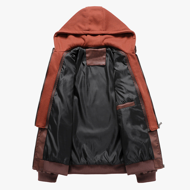 Herren Lederjacke Gesteppt Modern mit Abnehmbarer Kapuze