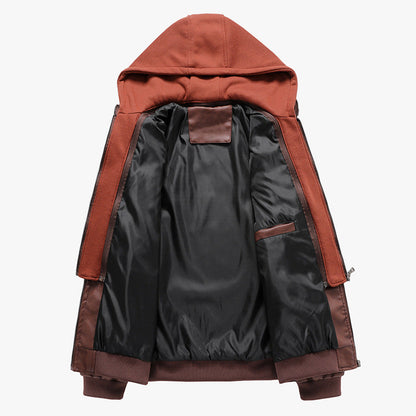Herren Lederjacke Gesteppt Modern mit Abnehmbarer Kapuze