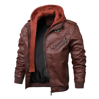 Herren Lederjacke Gesteppt Modern mit Abnehmbarer Kapuze