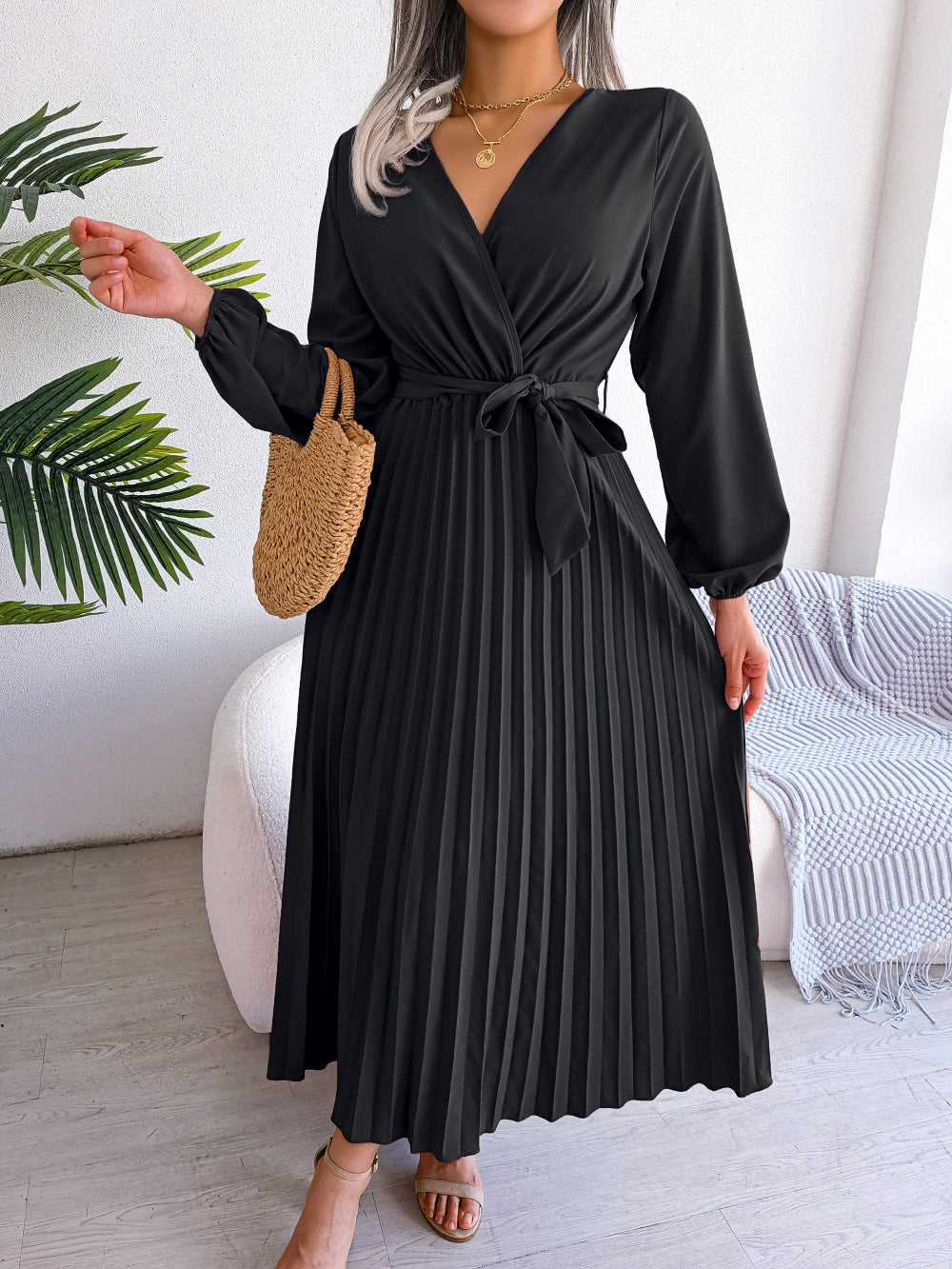 Elegantes Maxikleid Damen Plissee Gürtel Langkleid Schwarz