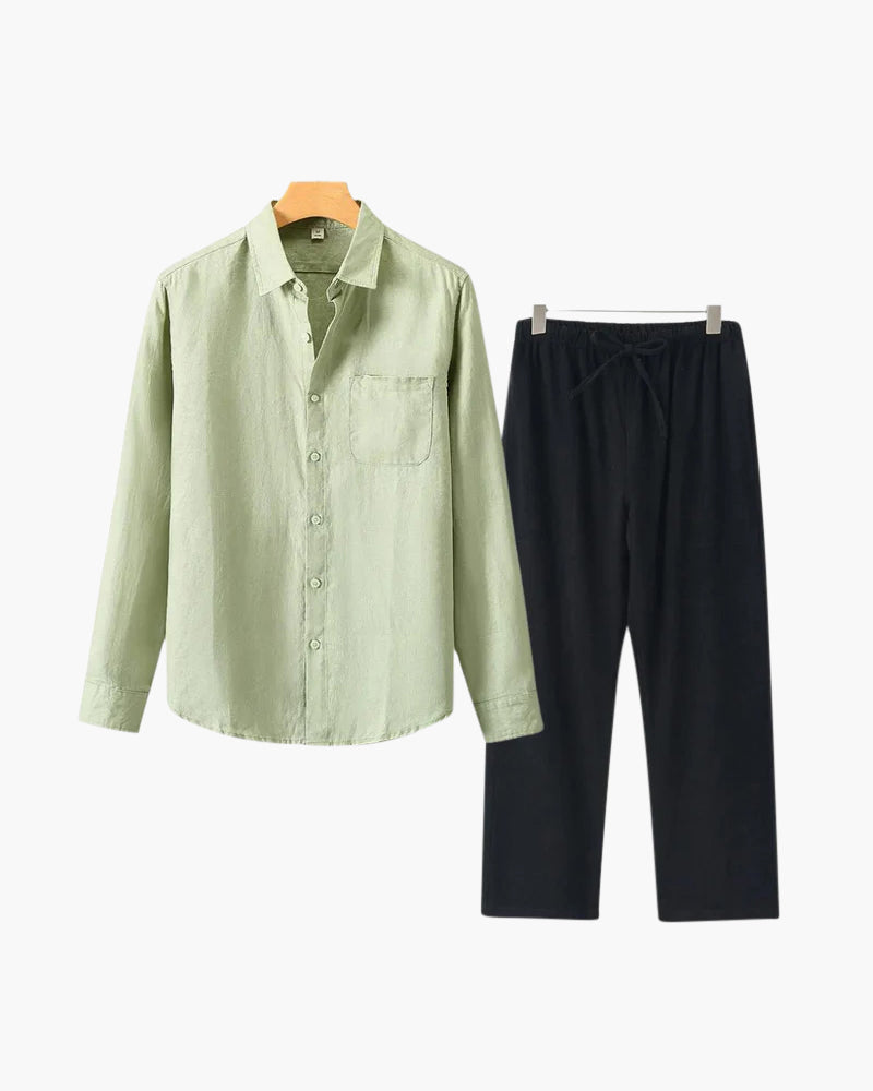 Herren Leinenanzug Sommer Zweiteiler Langarm Hose Hemd Set
