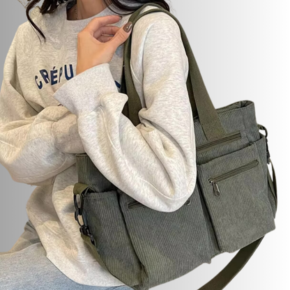 Große Cord Schultertasche Stylisch Reißverschluss
