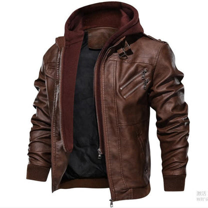 Herren Lederjacke Lässig Mit Abnehmbarem Kapuzenfutter