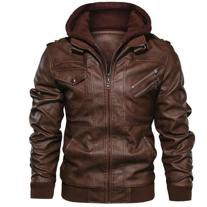 Lederjacke Herren Robust mit Kapuze und Reißverschluss
